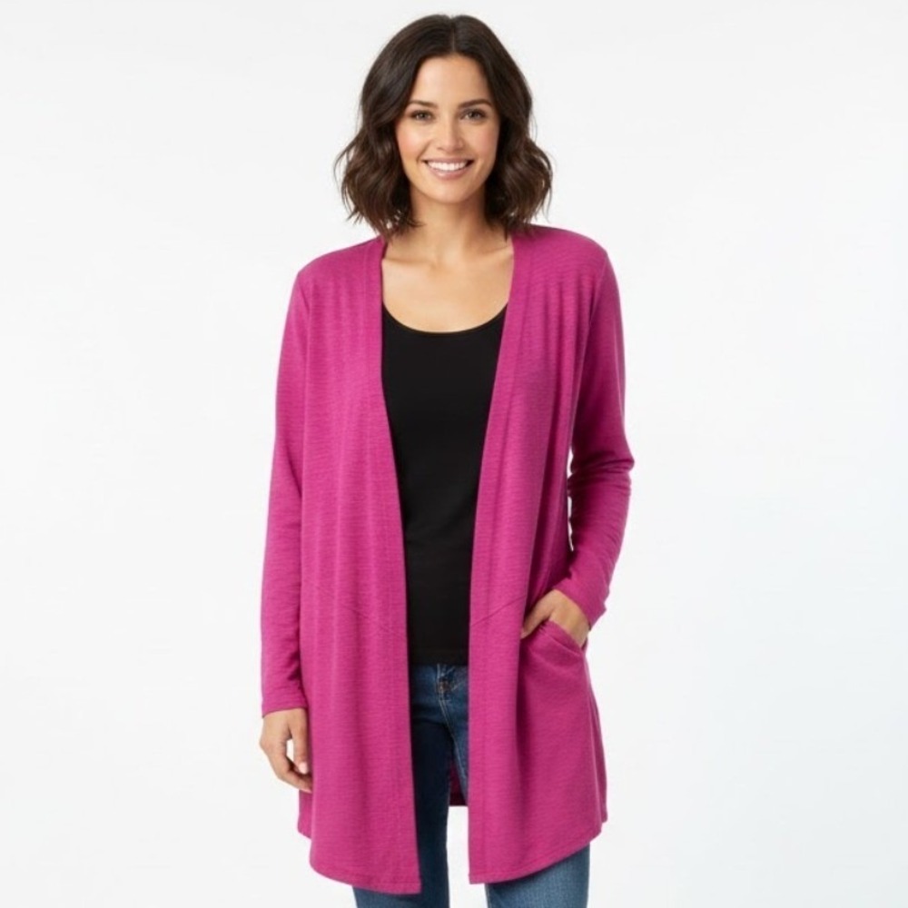 Chicos Ultimate Tee Cardigan Womens 2 Large Pink Cotton Modal Open Front Slub‎